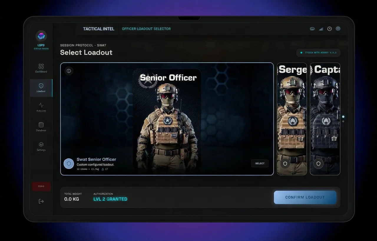 The Select Loadout screen of the armory menu on a tablet. A SWAT Senior Officer kit is selected, Sergeant and Captain kits sit beside it, and a Confirm Loadout button is at the bottom right.