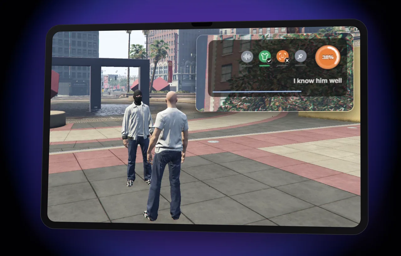 The same man now wears a black balaclava. On the HUD the face badge is orange with a cross and the ring reads 38% above the line "I know him well".